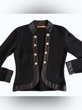 Vintage HUNA 100% Baby Alpaca Black Knit Cardigan Jacket Satin Trim size S